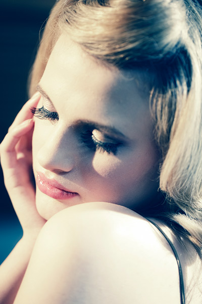 Another ‘cheek triangle’ close up, this time it’s of Chloe. Two Fresnel spotlights were used in a two point lighting configuration to complete the look.