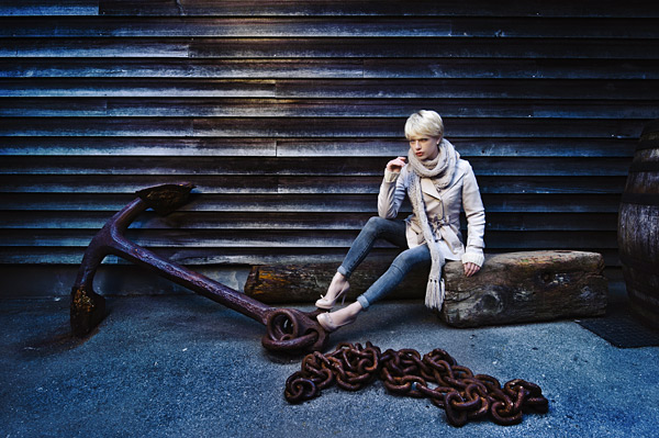This shot of Katy with an anchor was taken beside the cafe next to Brunel’s masterpiece ship the SS Great Britain, (I had to obtain permission to shoot here). I lit Katy with twin SB-900s fired into a silver umbrella rigged on a Lovegrove Gemini flash bracket.