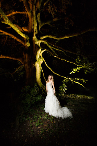 Canon 5D, ISO 1250, f/3.5, 1/15th second. By the time I took this picture it was dark and diffucult to focus. The STE2 transmitter I used to trigger the flash has a very useful focus aid light built in. This is one of the key factors why I use it in the dark rather than use my excellent Pocket Wizards. I held the camera over my head and pointed it in the right direction using experience and intuition as my framing guide. The random tree illumination was from some fairly low wattage spotlights set into the ground.