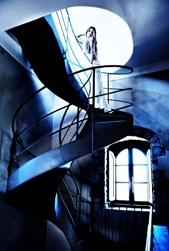 the spiral staircase in its glory. Available light, tunsten white balance and + 2 stops for my moonlight look