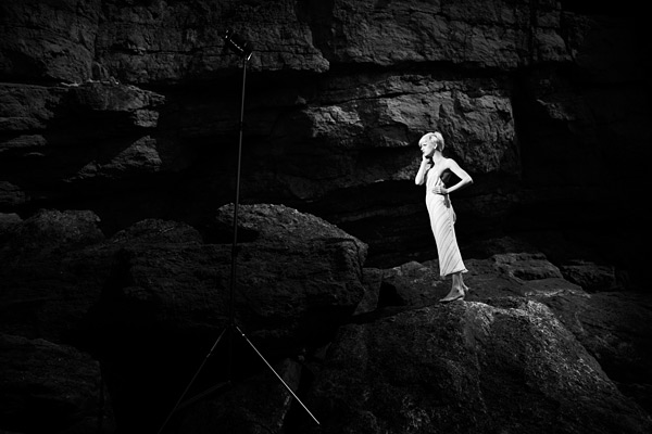 Katy_McGee_21 21. Katy on the rocks. Sounds like a coctail. Here you can see the lighting stand and the Gemini rig as used to create the top picture. Full sunlight provides Katy with the backlight.