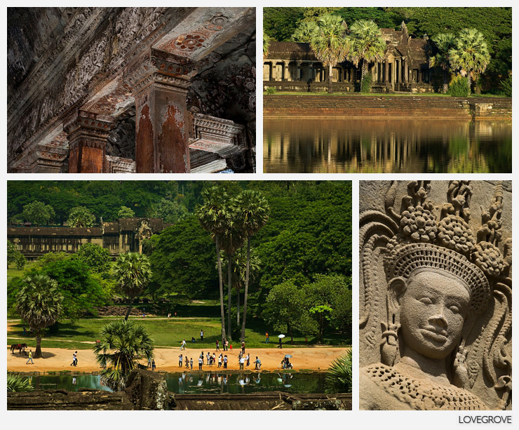 05. A few visitors remain by the pond that is famously used to capture the classic sunrise shot of Angkor Wat. Unfortunately the front of the temple is in netted scaffolding at this time.
