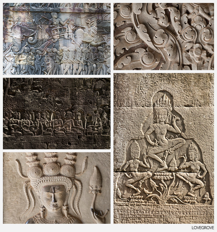 06. The carving is sublime. Very deep reliefs in the older temples and finer shallow work in Bayon and Angkor Wat. I particularly like the battle friezes depicting the Elephants,