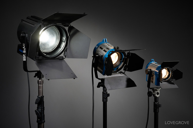 11. From left to right Lupolux LED 1000 daylight balanced spotlight, Arri 300 junior tungsten spotlight and Arri 150 junior tungsten spotlight.