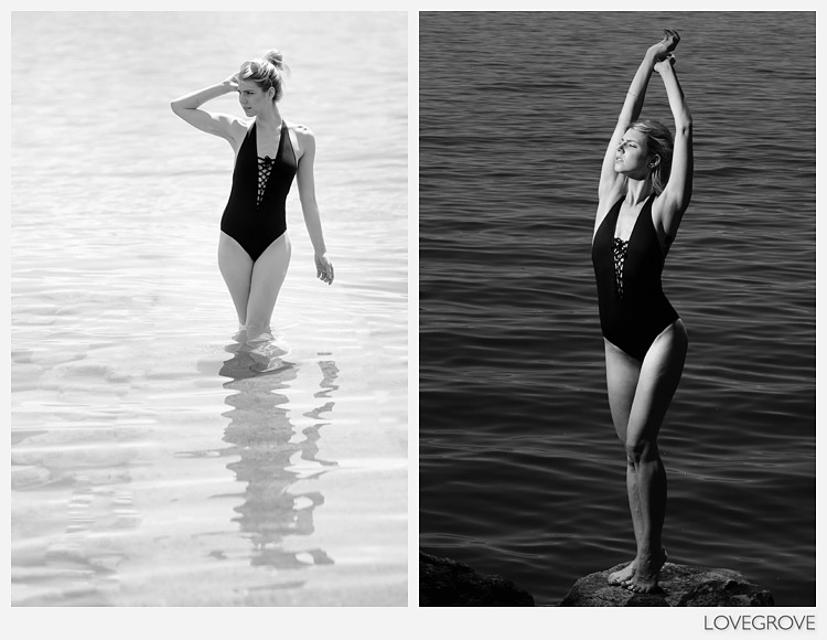 Carole Schell in a swimming costume at the lakeside.